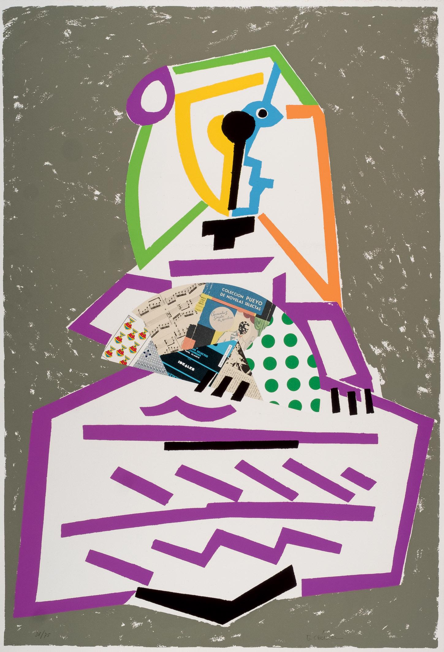 Equipo Crónica. Broken fan: EQUIPO CRÓNICA (1963 - 1981). "Abanico despedazado. Serie Meninas de la Transición (1981)". Serigrafía sobre papel guarro. Firmado en el ángulo inferior derecho. Numerado (38/75) e