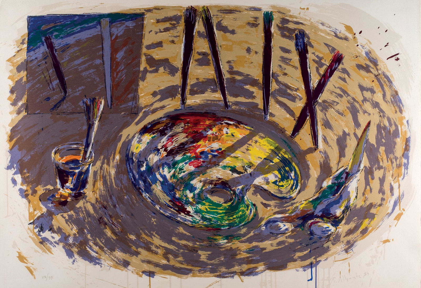 Alfonso Albacete. Palet of the artist: ALBACETE, ALFONSO (1950). "Paleta de pintor (1984)". Serigrafía a color sobre papel Guarro. Firmada y fechada (84) en el ángulo inferior derecho. Numerada (28/35) en el ángulo inferior