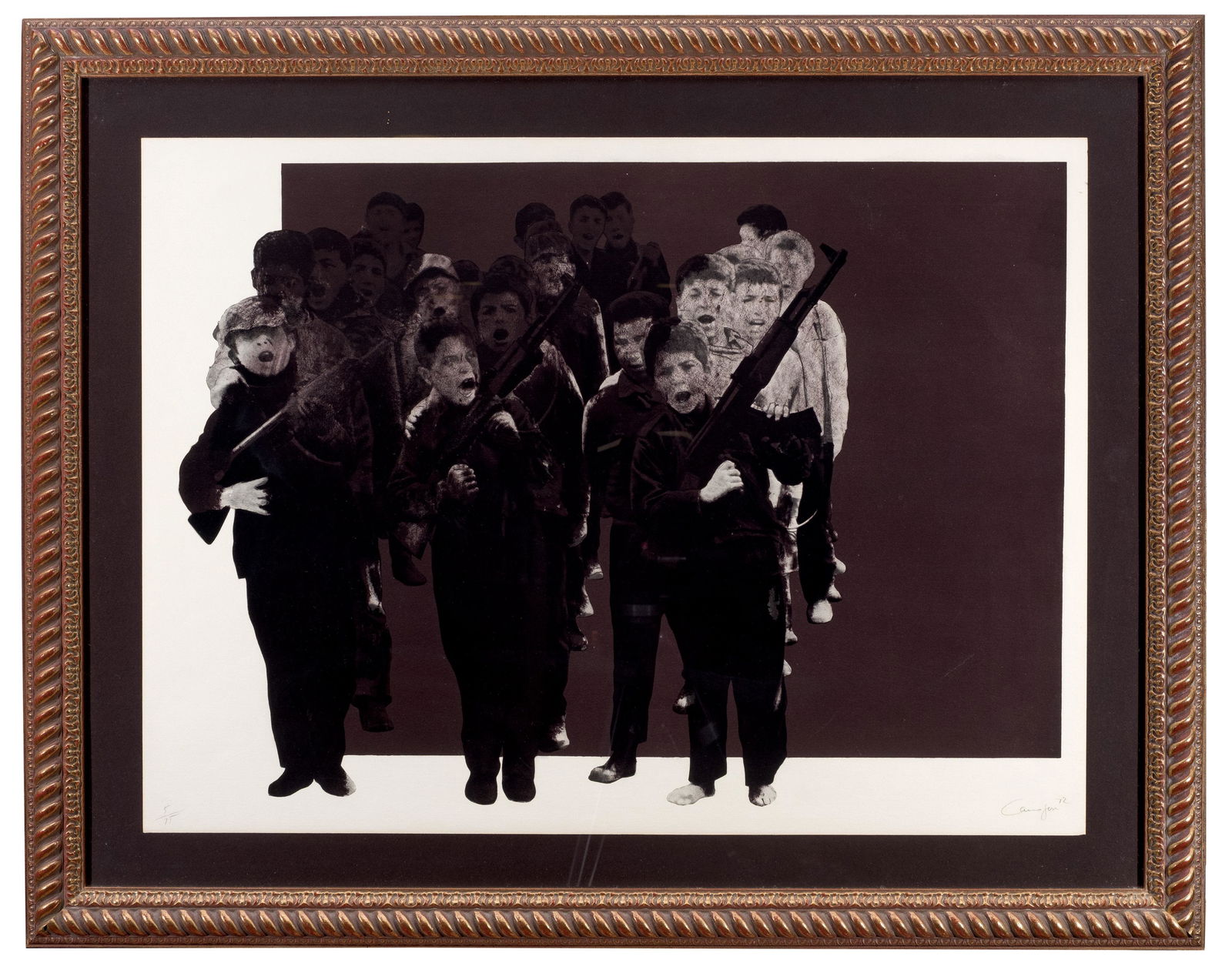 Rafael Canogar. War Play (1972): Litografía a dos tintas sobre papel Guarro. Firmada y fechada (72) en el ángulo inferior derecho. Numerada (5/75) en el ángulo inferior izquierdo. Editada por Polígrafa, Barcelona. Obra referencia