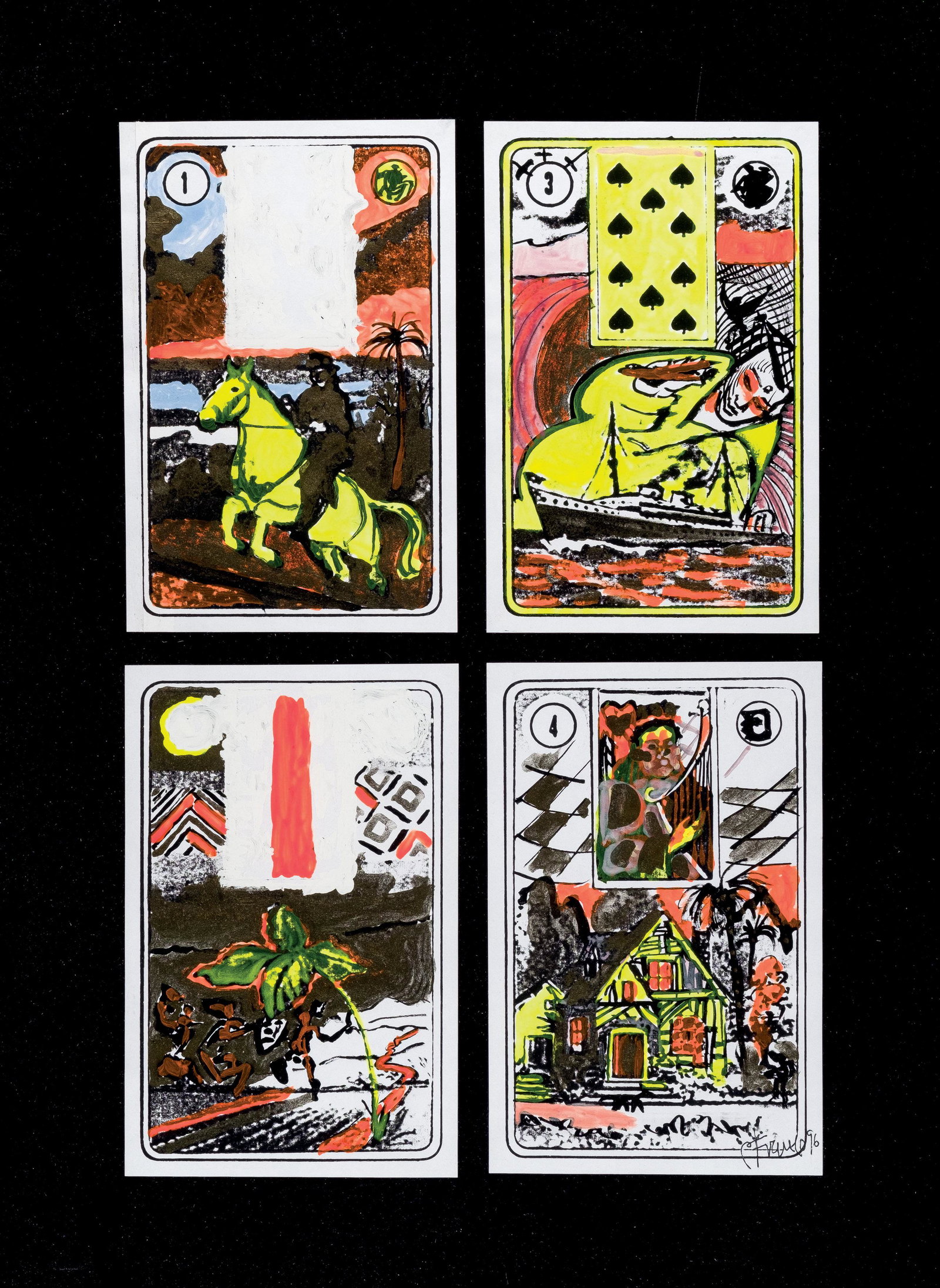 Carlos Franco. Sketch for cards: FRANCO, CARLOS (1951). "Boceto para diseño de baraja de cartas". Técnica mixta sobre papel. Cuatro cartas. Firmada una y fechada (96) en el ángulo inferior derecho. Al dorso titulada, f