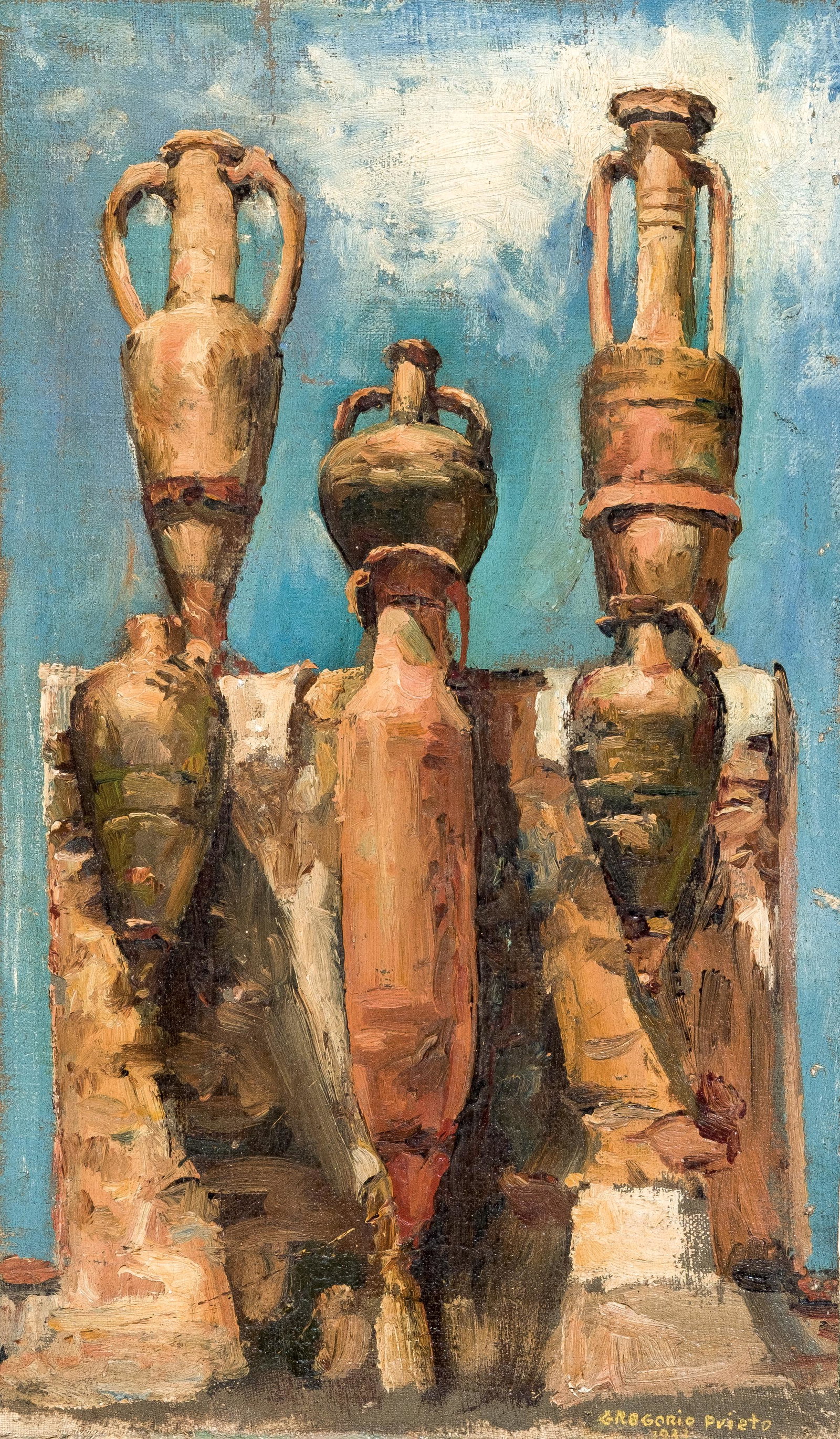 Gregorio Prieto. Ceramics still life: PRIETO, GREGORIO (1899 - 1992). "Bodegón de cerámicas". Óleo sobre lienzo. Firmado y fechado (1938) en el ángulo inferior derecho. 36 x 21 cm