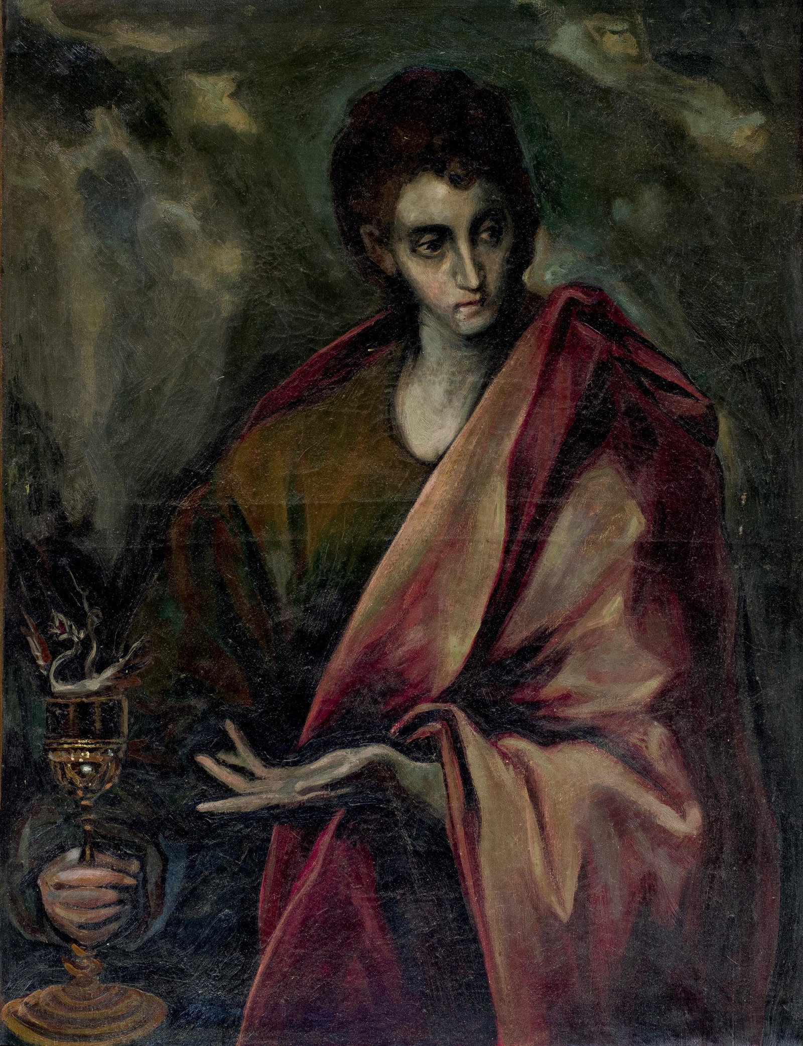 Gregorio Prieto. Saint John Evangelist: PRIETO, GREGORIO (1899 - 1992). "San Juan Evangelista". Óleo sobre lienzo. Firmado en el bastidor. Procedencia: colección de Don Esteban Prieto, hermano del artista. 100 x 87 cm