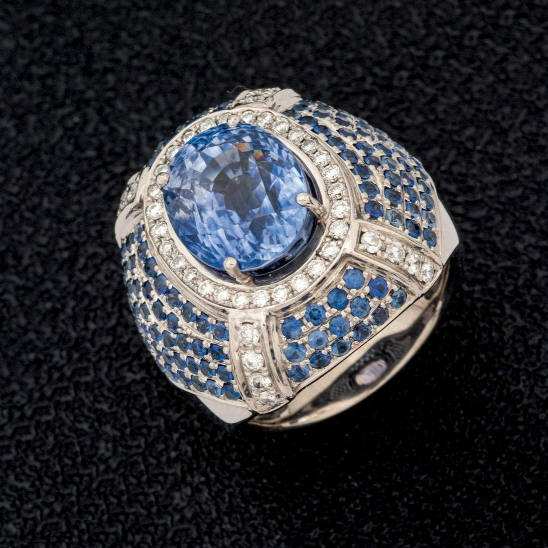 Diamond and sapphire rosette ring: . "Sortija". Sortija de oro blanco de 18 K. rosetón con brillante central de 0,20 cts. orlado por diamantes talla marquise y zafiros azules marquise.