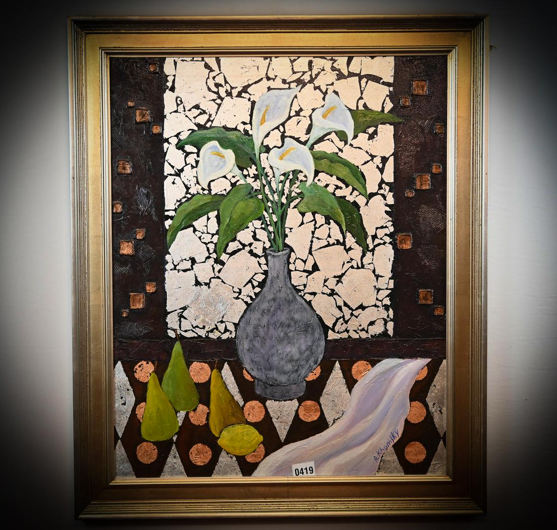 Alex Khomsky Framed Big Calalilly Mixed Media: Alex Khomsky Framed Big Calalilly Mixed Media. Canvas measures: 30" x 29", Frame measures: 29" x 35"