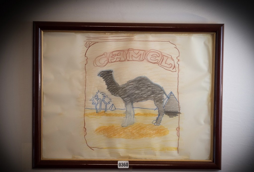 Larry Rivera Framed and Signed Camel Art circa 1978: Larry Rivera Framed and Signed Camel Art circa 1978. Frame opening measures: 24" x 18", Frame measures: 26" x 20"
