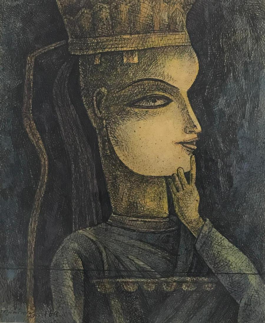 GANESH PYNE (BORN 1937 – DIED 2013): GANESH PYNE (BORN 1937 – DIED 2013) ARTIST : GANESH PYNE (BORN 1937 – DIED 2013) MEDIUM : WATER COLOUR INK ON PAPER SIZE : 9’’ X 7.5’’ INCH TITLE : UNTITLED YEAR : 1985 SIGNATURE AND DATE: