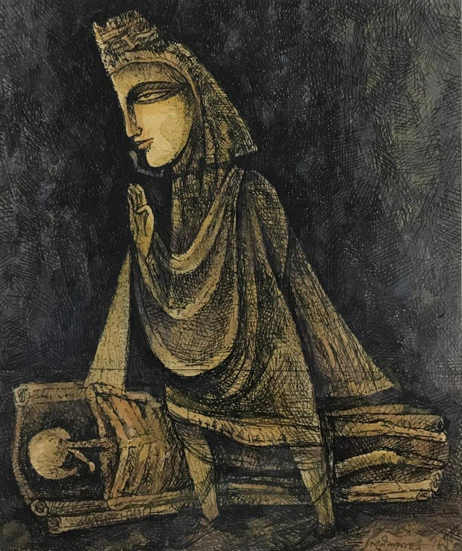 GANESH PYNE (BORN 1937 – DIED 2013): ARTIST : GANESH PYNE (BORN 1937 – DIED 2013) MEDIUM : WATER COLOUR INK ON PAPER SIZE : 9’’ X 7.5’’ INCH TITLE : UNTITLED YEAR : 1982 SIGNATURE AND DATE: LOWER LEFT SIDE . ARTWORK : UNFRAMED