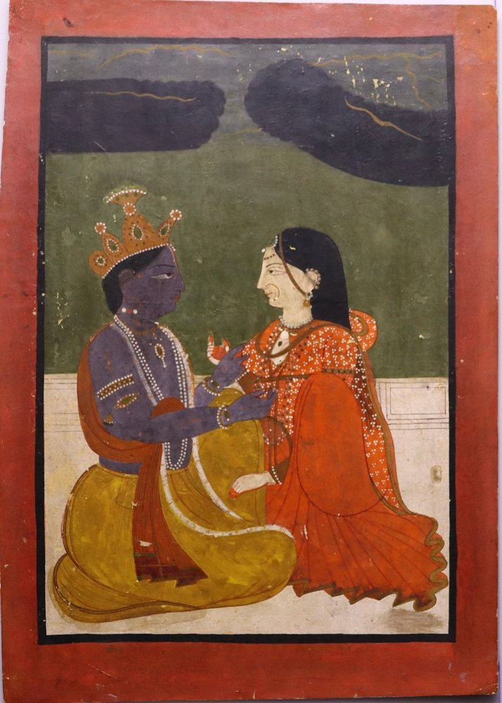 OLD MINIATURE PAINTING FROM PAHARI (INDIA): OLD MINIATURE PAINTING FROM PAHARI (SCHOOL) OPAQUE PIGMENT ON PAPER, SIZE : 20.9 X 29 CM.
