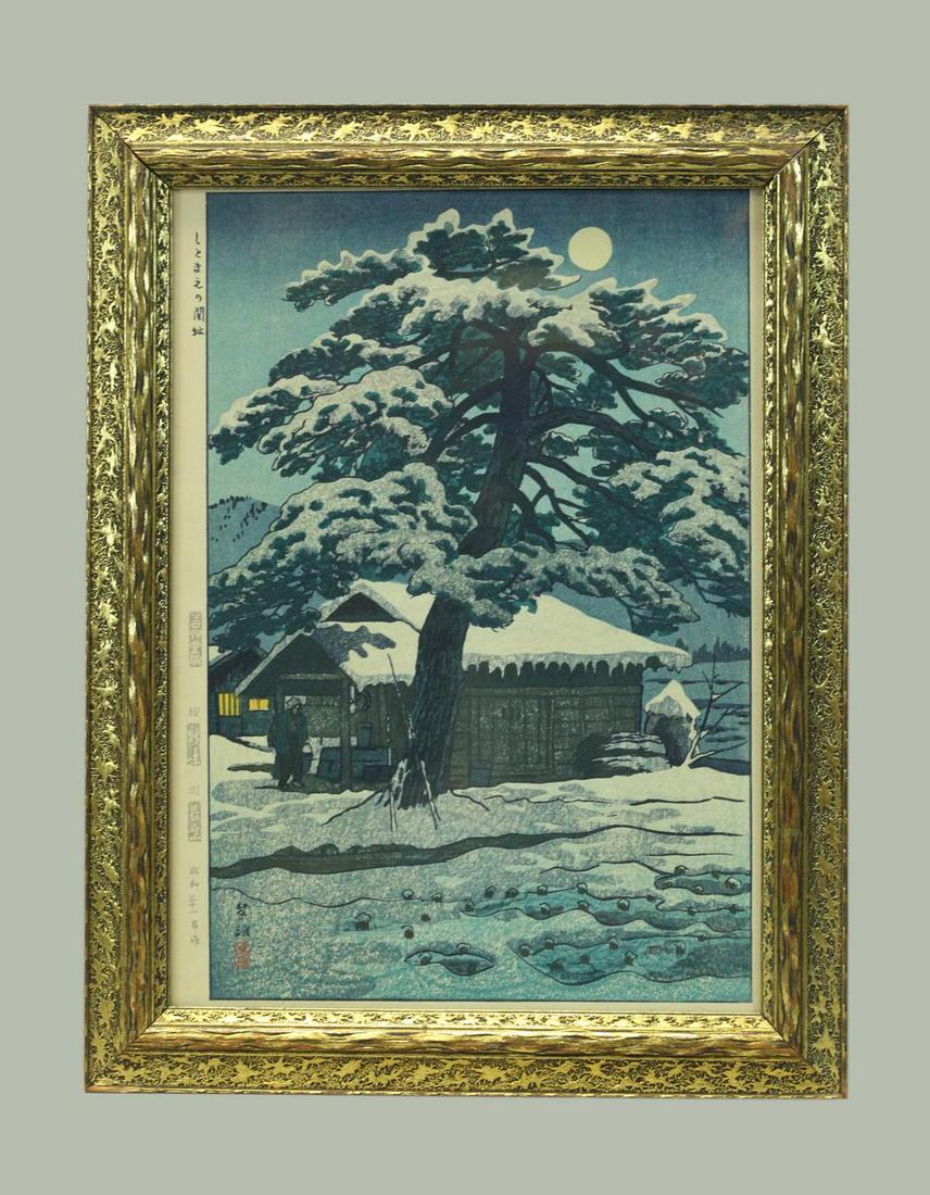 Japanese, Print in gilded frame, Winter in Japan, 20th (1 of 8)