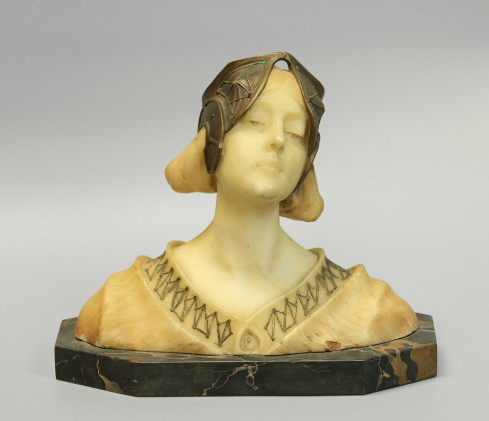 Alabaster woman on marble stand, with colorful stones (1 of 8)