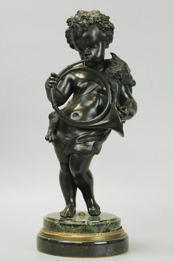 Bronze statue of a boy on snake stone stand, dark: Bronze statue of a boy on snake stone stand, dark patina, 19th century, 6``x15``