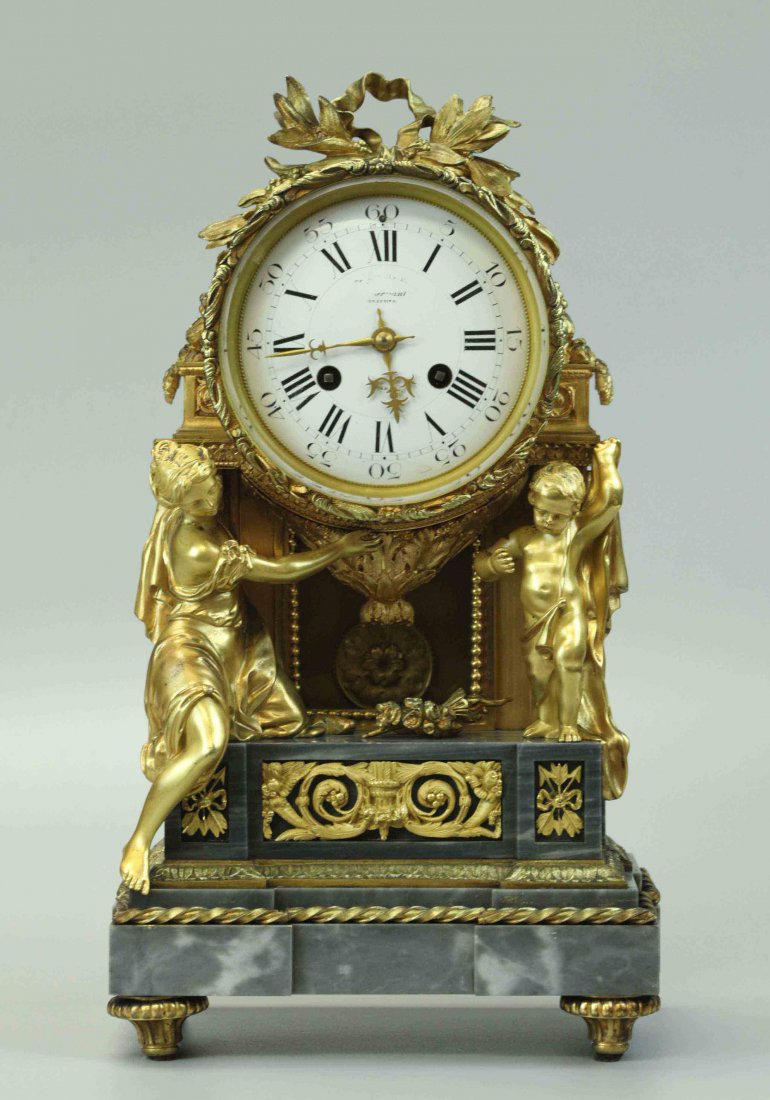 19th Century Dore Bronze Clock With Gray Marble Base (1 of 7)