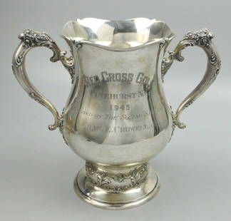 Large Sterling Silver Trophy, marked: Large sterling silver trophy, marked " black starr & Frost, New York, sterling, 847" to base . Very good quality and good condition, two small bands on the face. 10.5x12.5 inches, weight 1278.8
