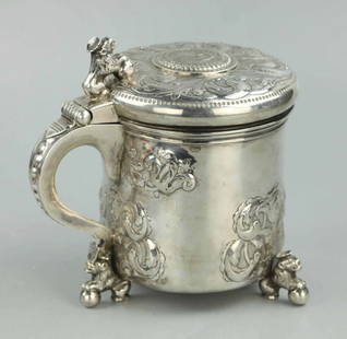Fine Quality Silver Tankard, marked: Fine quality tankard, silver,antique, marked "J. Holm", Copenhagen, very good condition, Richly embossed, chiselled, 7.75 x 7 inches, weight 1073.1 grams (34.5 ounces)