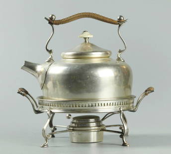Sterling Silver Tea Pot On Stand, Marked: Sterling silver tea pot on stand, marked "B&M", probably Chinese export, good condition, 8.5 X 8 inches, weight 1115.6 grams ( 35.8 ounces)