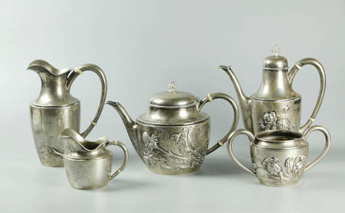 19th Century Austria Silver Coffee and Tea Set: 19th Century Austria silver coffee and tea set, 5 pieces, very good quality, Tea pot: 7x10.5 inches, weight 663.9 grams (21.3 ounces); coffee pot: 9.5x9 inches, weight 607.3 grams (19.5 ounces);