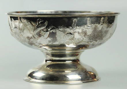 English Silver Centerpiece, marked: Very big English Centerpiece with bird all around, marked "H & I 925", 5.25 x 10.25 inches, weight 1687.6 grams (54.2 ounces)