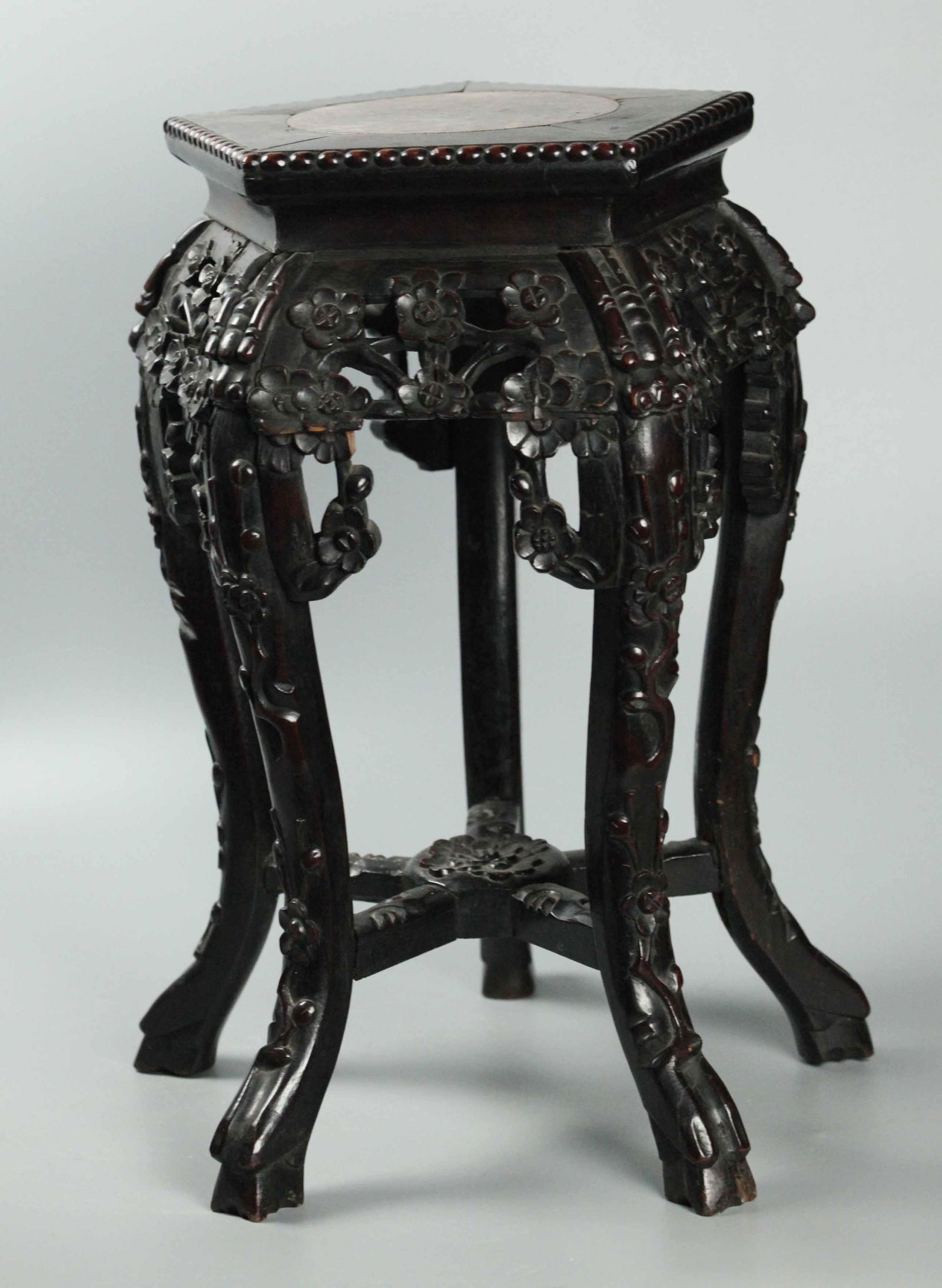 19 C Chinese Teak Wood & Rouge Marble Stool (1 of 7)