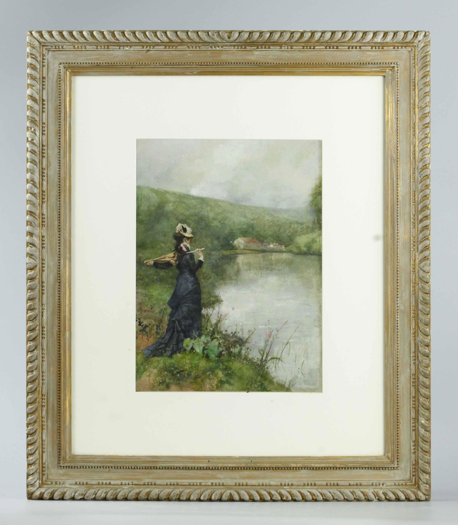 19th Century Water Color, Pretty Woman Standing By (1 of 7)