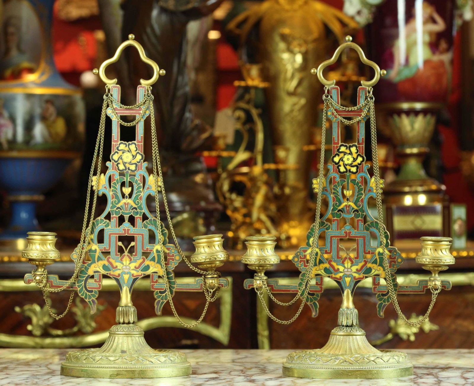 Pair 19 C French gilt bronze and champleve enamel twin (1 of 5)