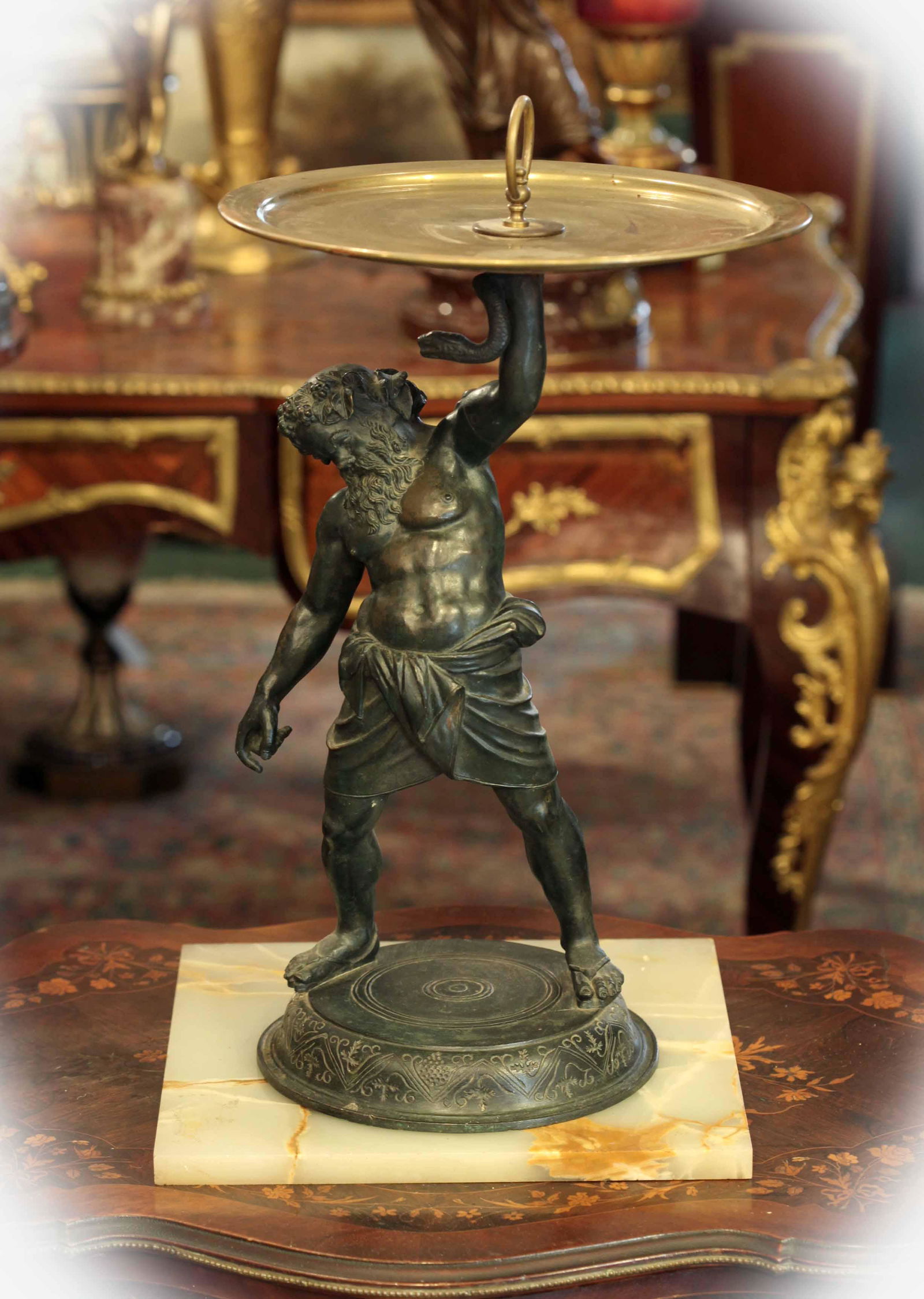 19 C two-tone bronze sculpture, a man holding a tray (1 of 8)