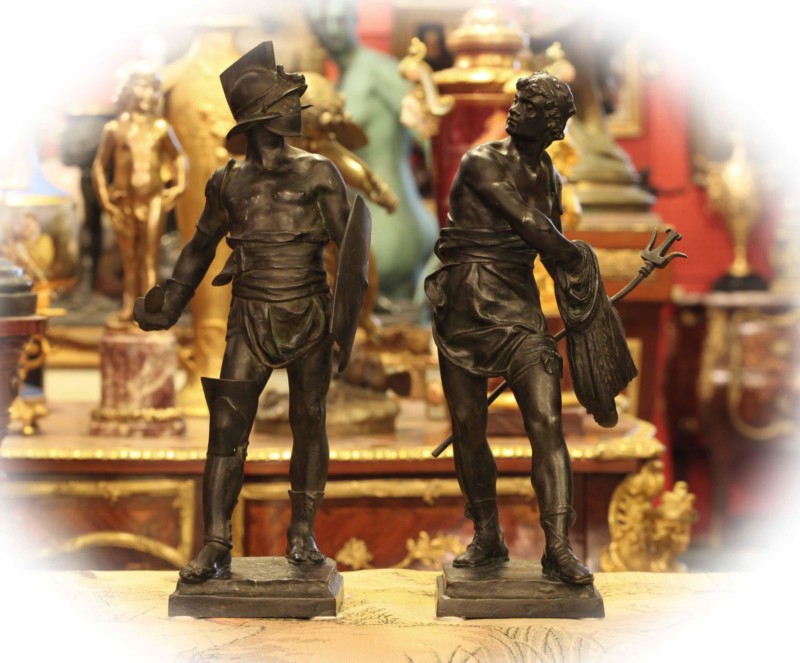Pair 19 C bronze with brown patina figural sculptures, (1 of 10)