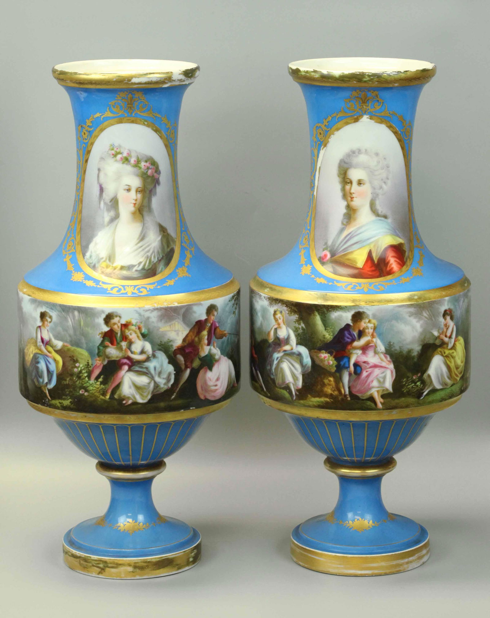 19th C Hand-painted Pair Sevres Porcelain Vases (1 of 8)