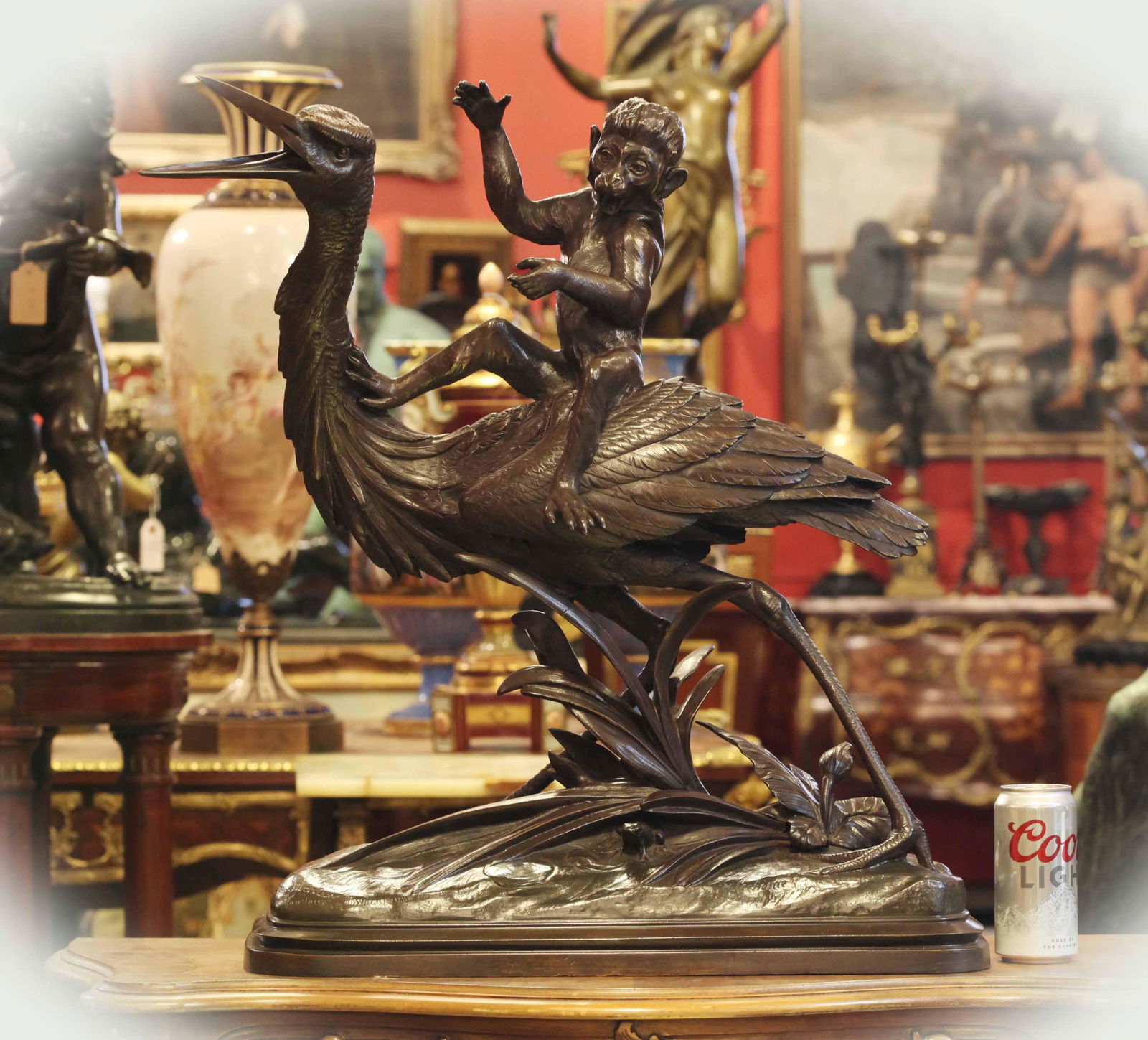 Rare 19th C Large Bronze Brown Patina: Rare 19th Century large bronze brown patina sculpture, a monkey riding on a heron, very high quality, signed â€œ H lechesire sculptr” and foundry mark â€œMartin fondeur”, W: 25 inc