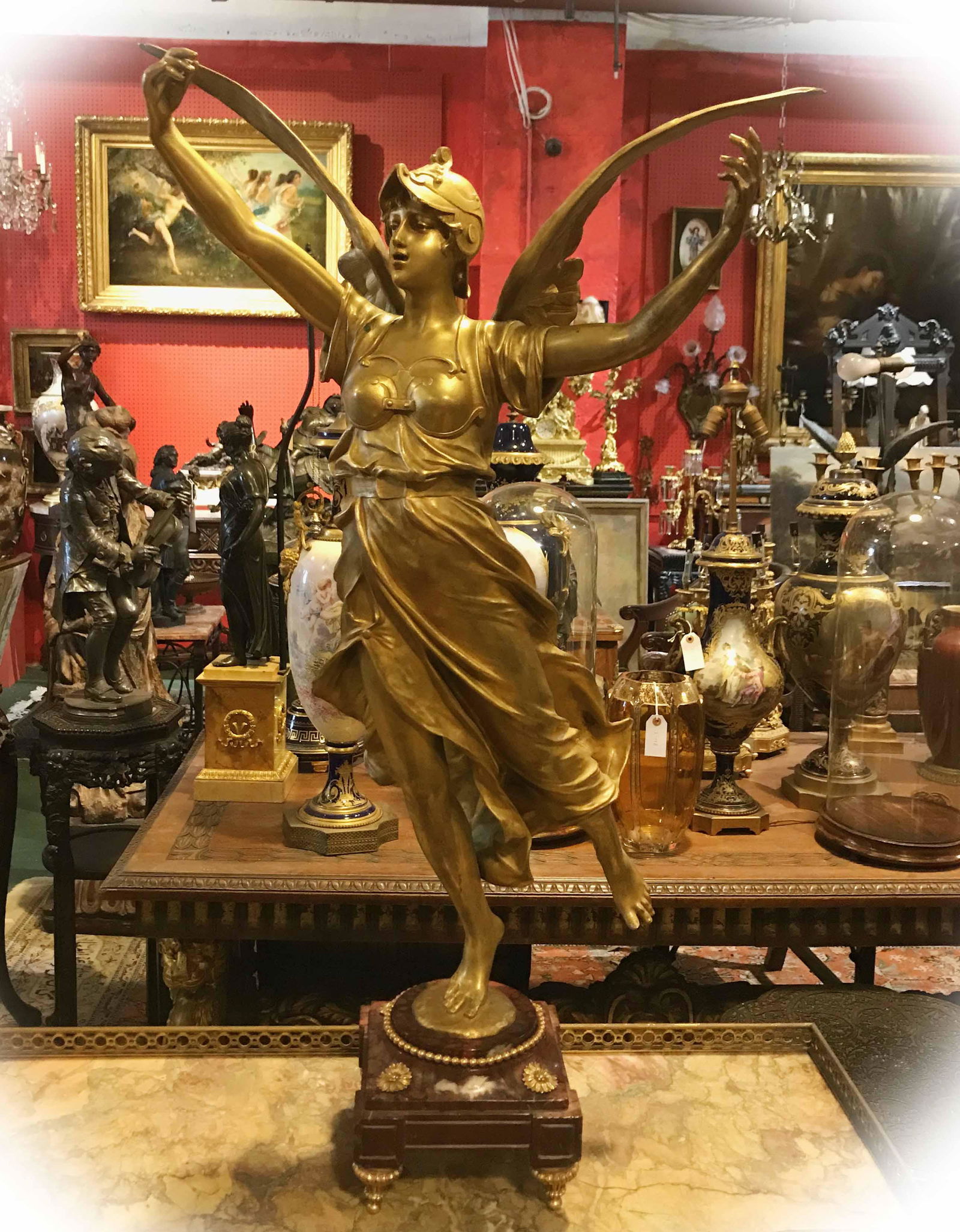 Eugene Marioton Gold Plated Bronze Angel Statue,: Eugene Marioton gold plated bronze Angel statue with signature, high quality & very good condition, H:27.5 inches W:16 inches D:13.75 inches