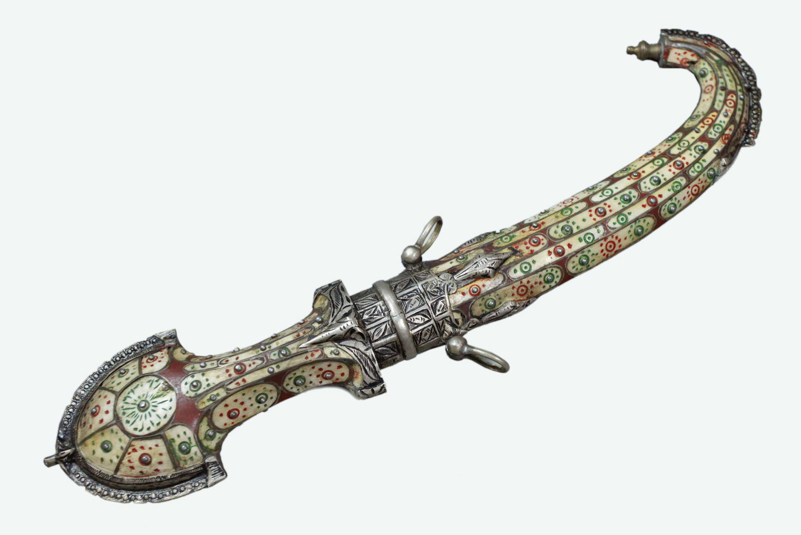 Antique Islamic Curved Silver Mounted Damask Blade Moroccan Koummya Dagger: Antique Islamic Curved Silver Mounted Damask Blade Moroccan Koummya Dagger. Large dagger with silver etches fittings, bone and wood inlays, multicolor patterns. Rare Damask blade. A very special Moroc