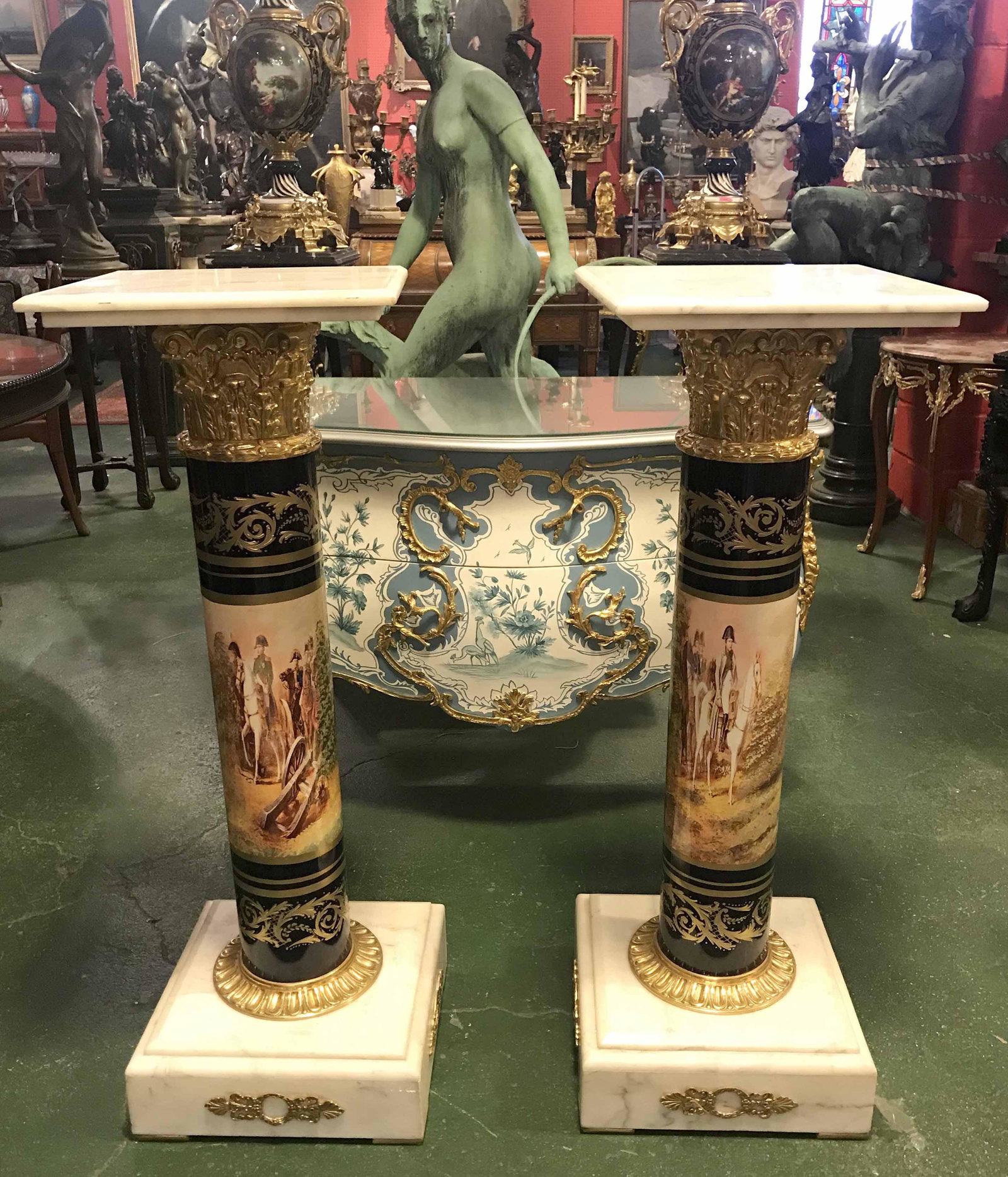 Pair sevre style Carrara marble top with bronze ormolo pedstal: Pair of hand painted sevre style Carrara white marble top with bronze ormolo pedstal, H: 45 inches, W: 15.5 inches, D: 15.5 inches