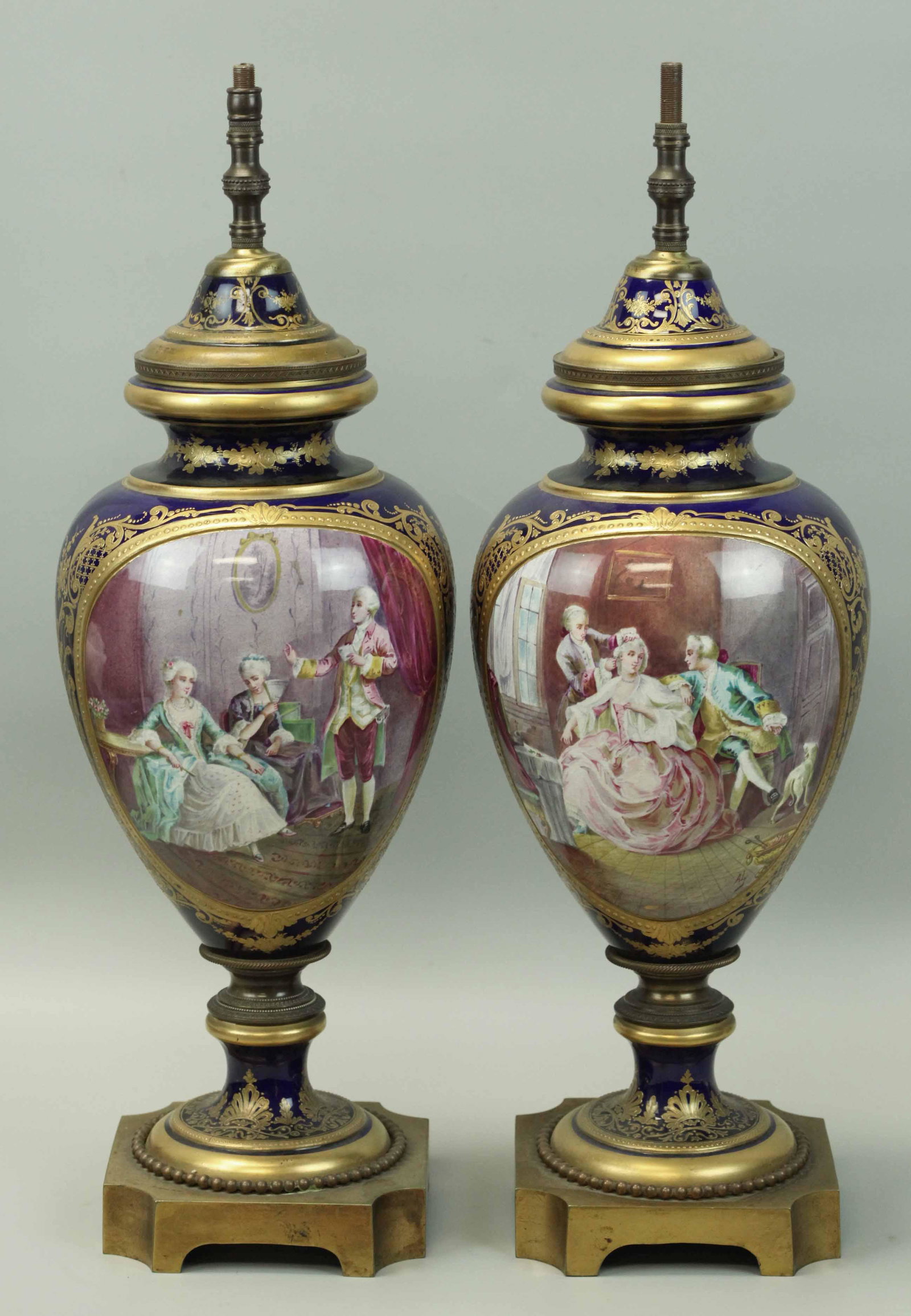 19th C Pair Cobble Blue Sevres Porcelain Vases, Signed (1 of 6)