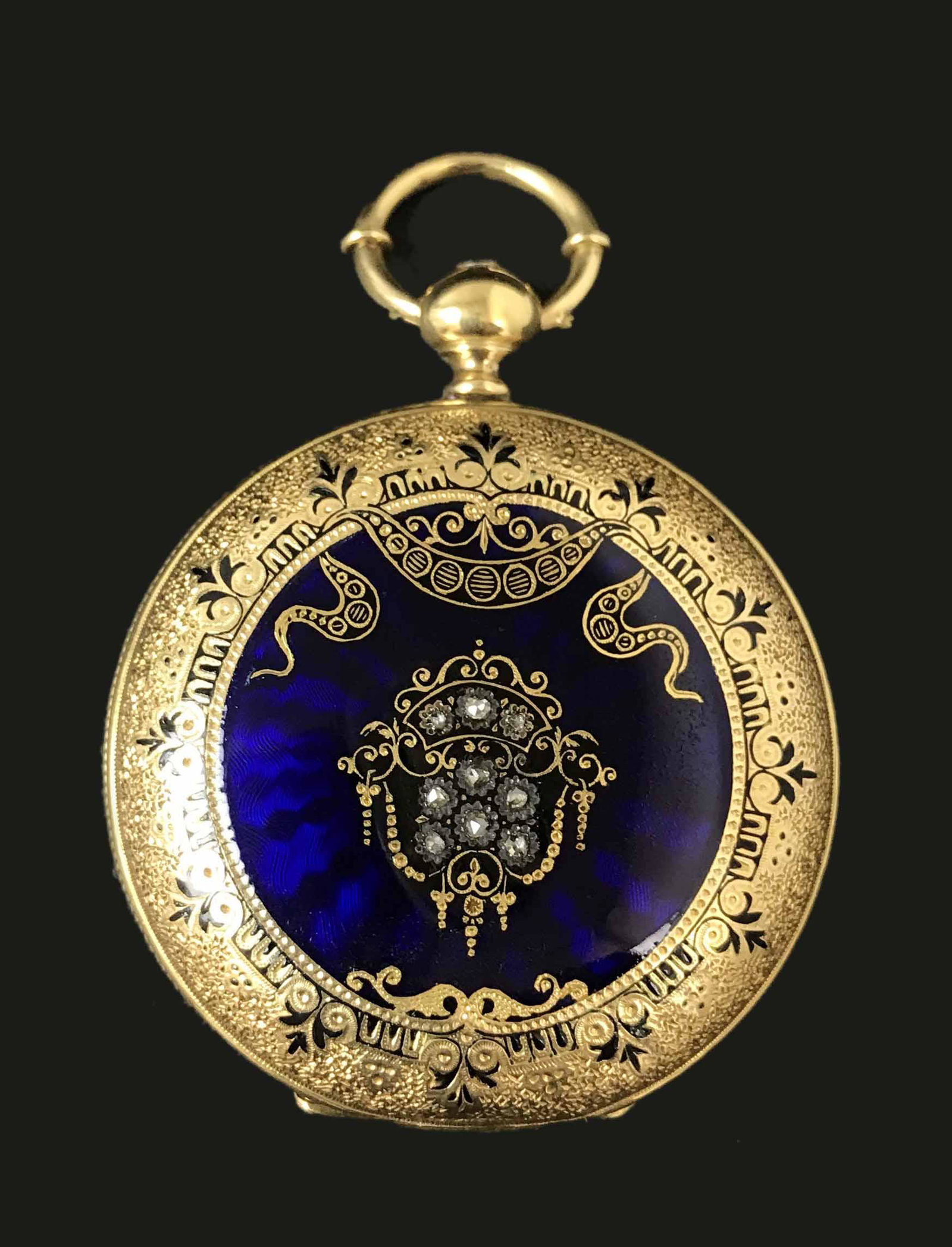 19th century Swiss blue enamel Champleve w diamond Taques Rouler: 19th century Swiss blue enamel Champleve w diamond Taques Rouler 18k, 52mm