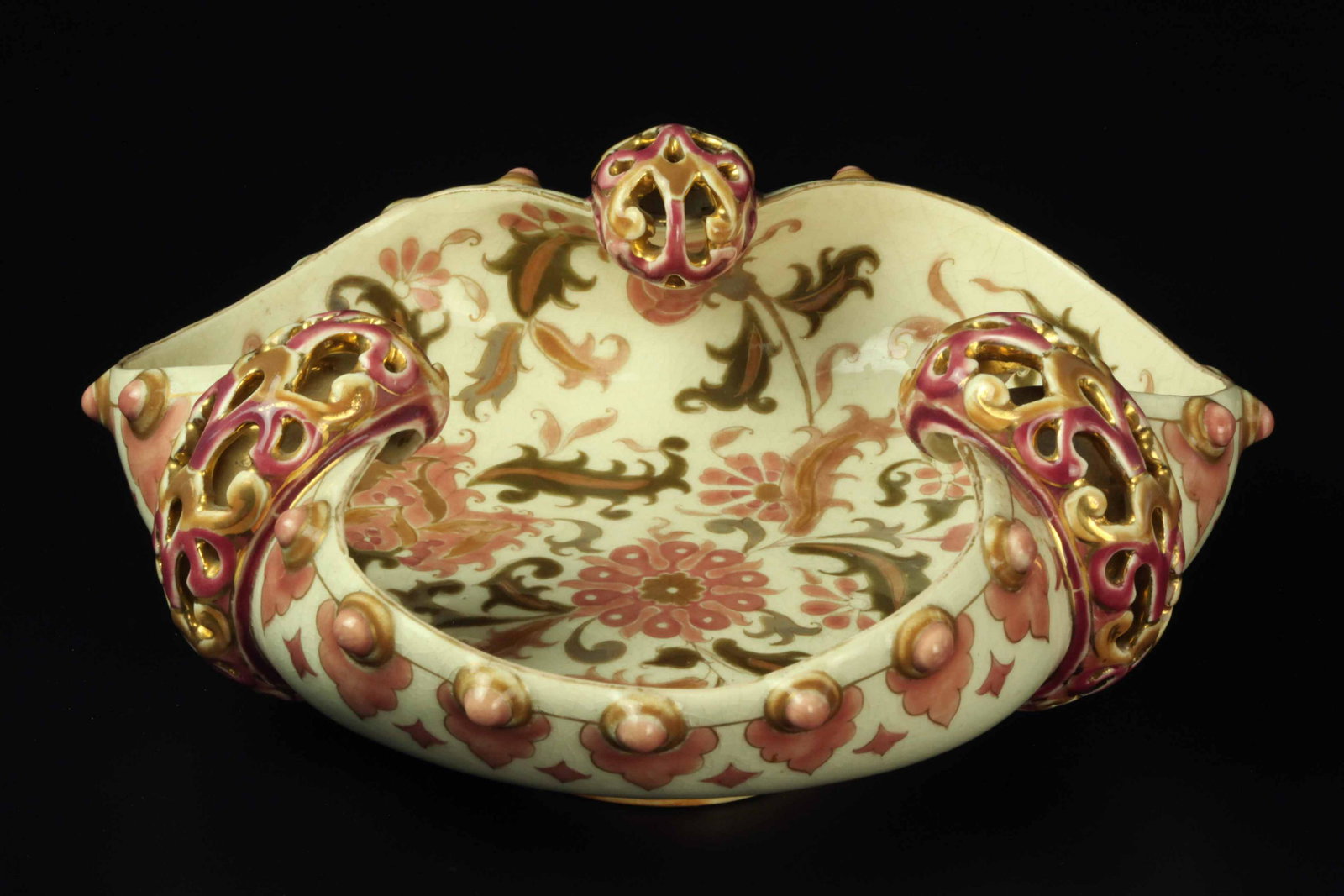 Antique Zsolnay Hungarian porcelain dish: Antique Zsolnay Hungarian porcelain dish, W: 9 inches, H: 3.5 inches, D: 9 inches