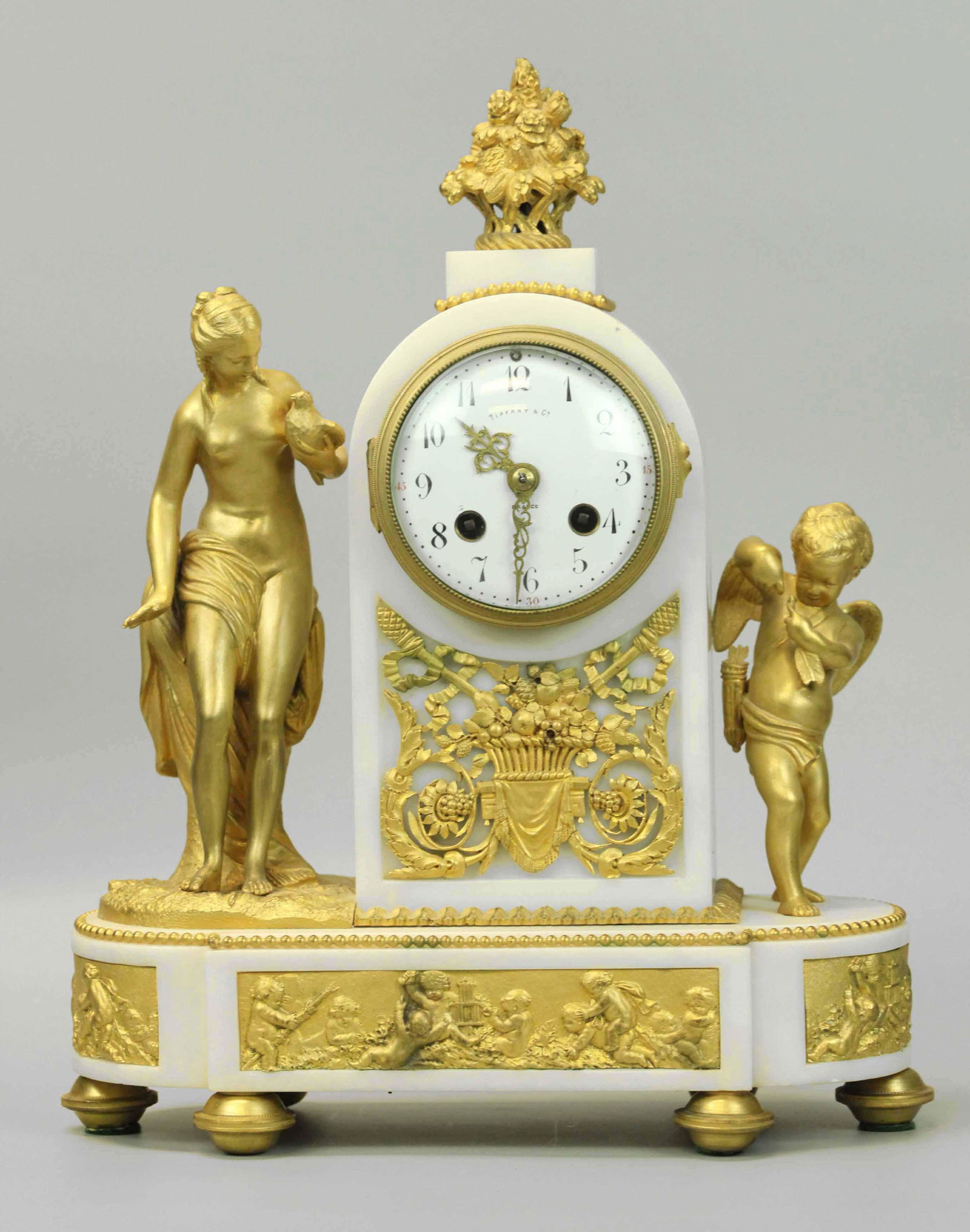 Tiffany Dore bronze and Carrara marble mantle clock, (1 of 7)