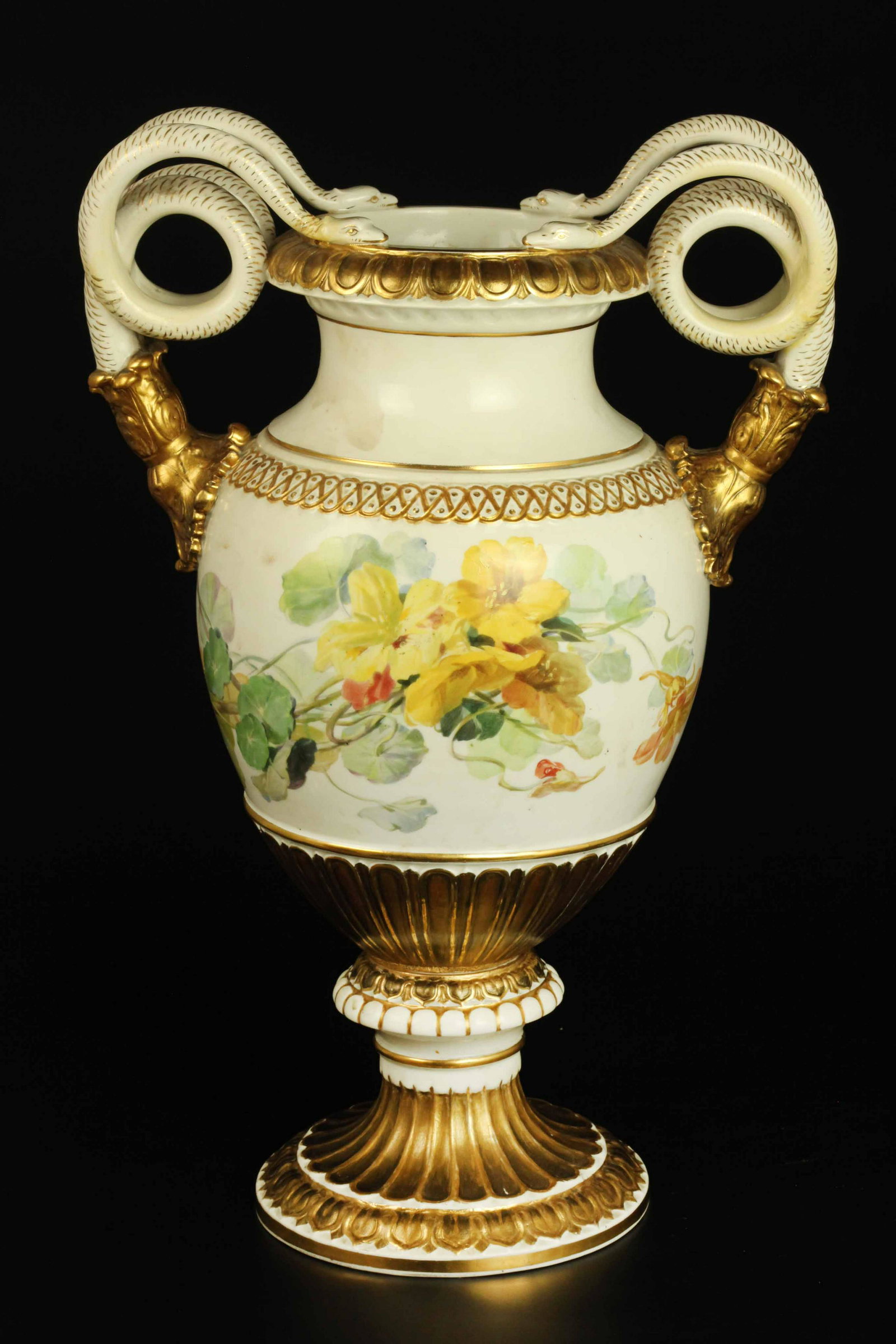 Early 20th century Meissen porcelain snake-handled vase: Early 20th century Meissen porcelain snake-handled vase, W: 12.5 inches, H: 18 inches, D: 8 inches
