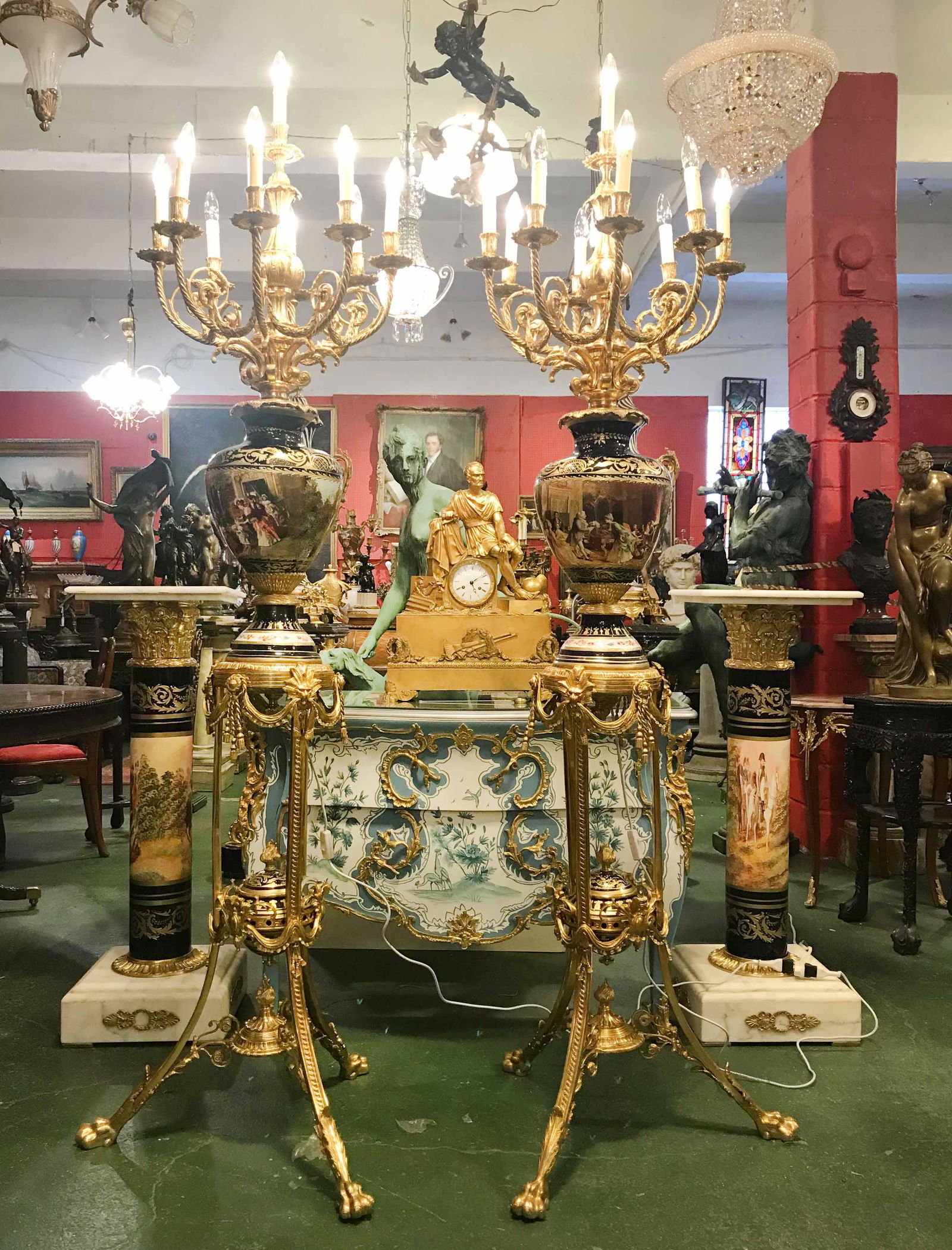 Pair of place size Napoleon III style gilt bronze and sevre nine lights torchers (1 of 9)
