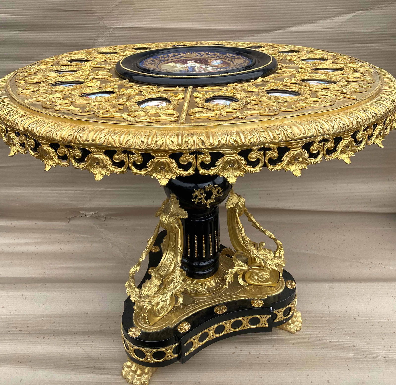 Napoleon lll gilt bronze mounted Ebonized wood with Sevres Style porcelain mounted center table (1 of 4)