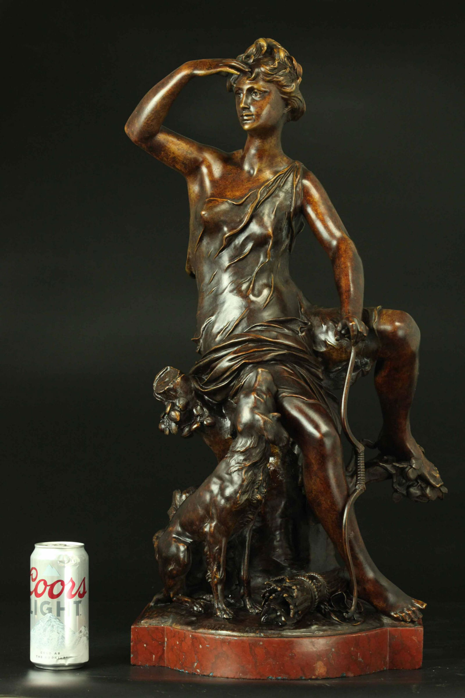 19th century bronze figure of Diana the huntress on marble base , marked (1 of 12)