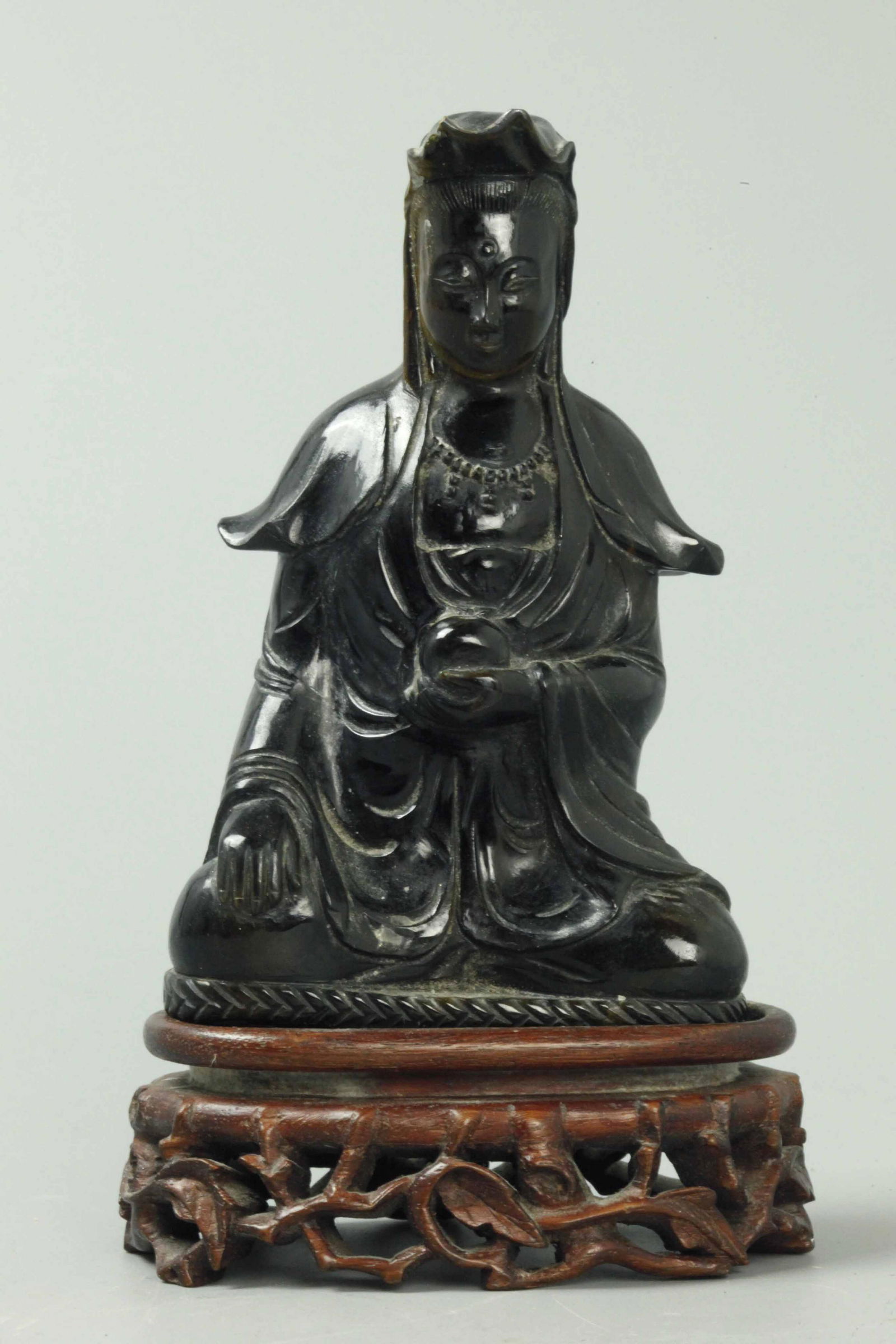 Antique Chinese tiger eye stone sculpture of a seating pudda on wood stand (1 of 5)