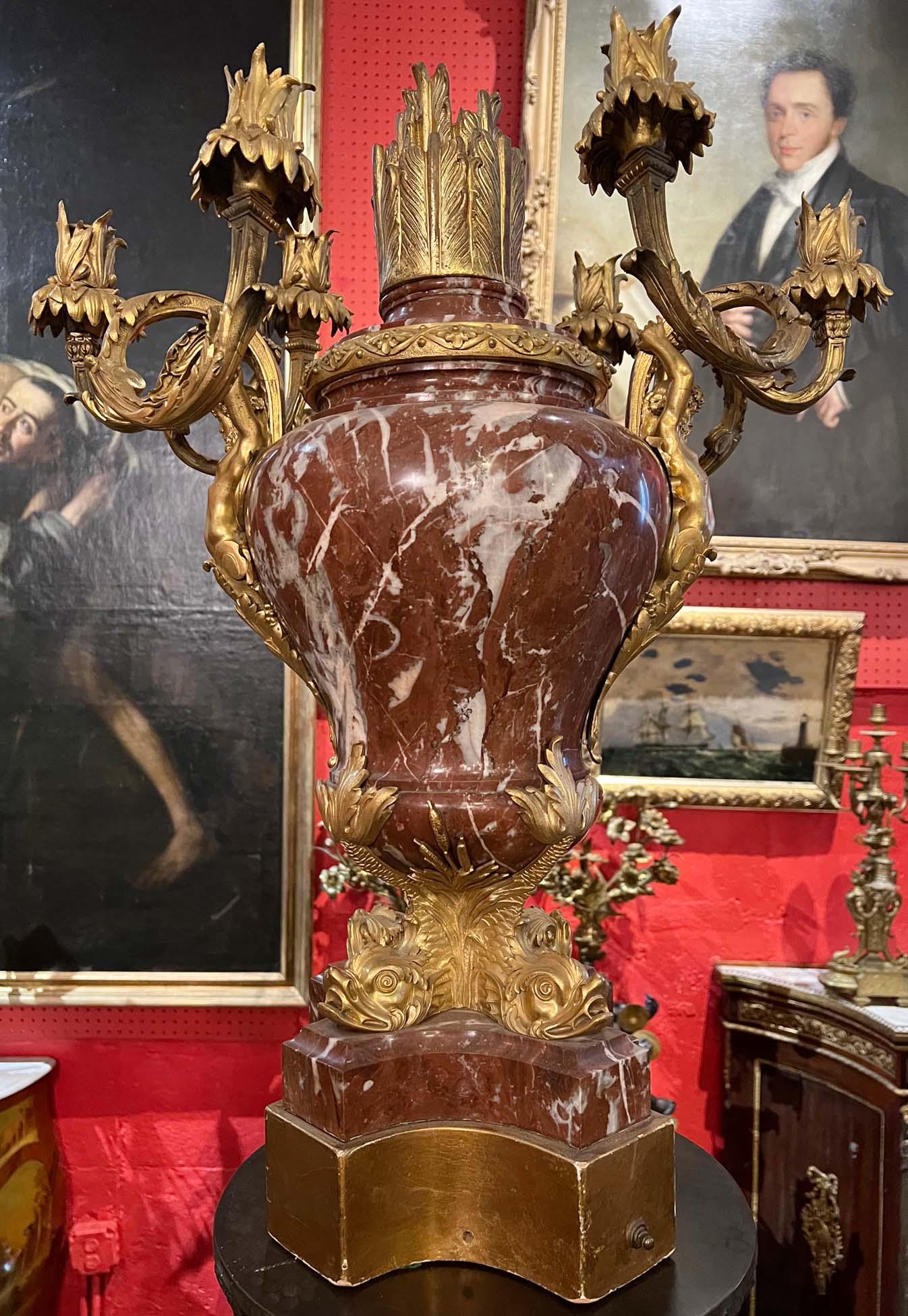 Large 19th century Dore bronze and rouge marble candelabra (1 of 5)