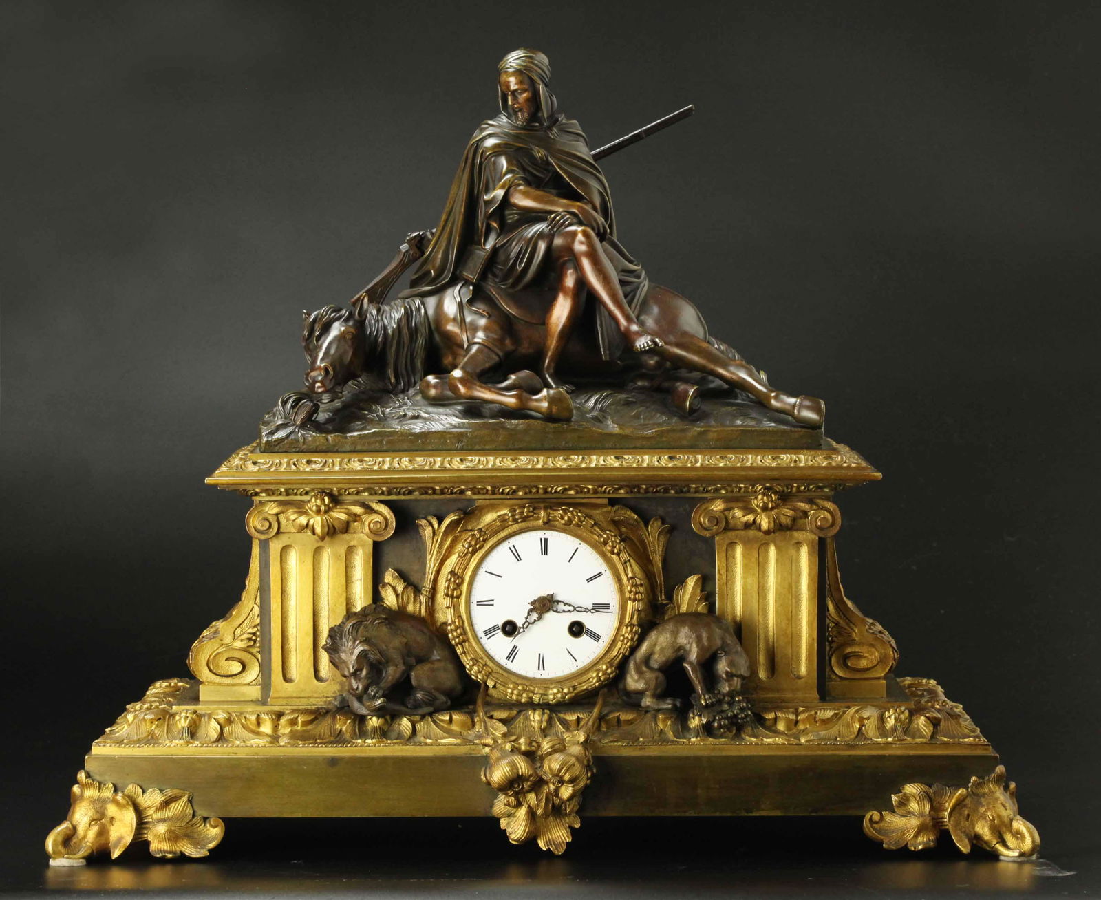 Beautiful dark patina man on horse on top of Dore bronze clock (1 of 8)