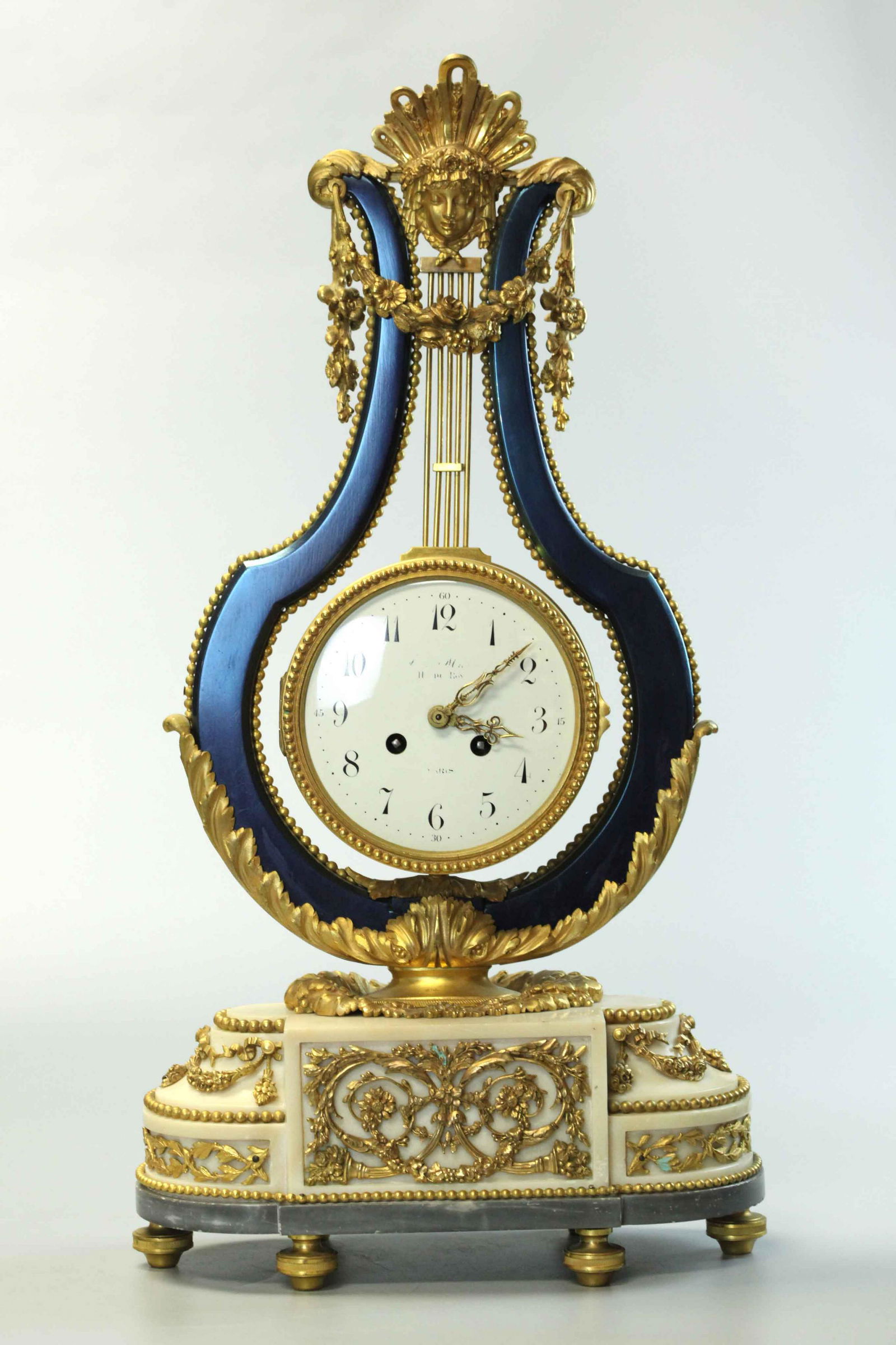 Early 20th C Louis XVI Style Gilt Bronze Blued Steel & White Marble Lyre-shaped Mantel Clock,France (1 of 7)