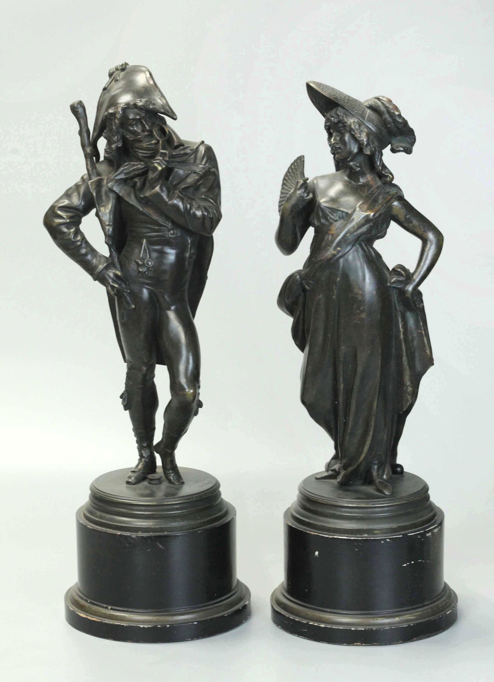 Pair Of 18th C Bronze Statues of Man & Woman Wearing Traditional French Dress on Wood Bases (1 of 9)