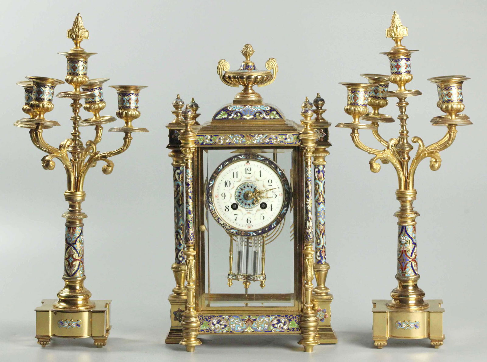 A magnificent & Unusual French Ormolu & Cloisonne/Champleve enamel Clock Garniture (1 of 9)
