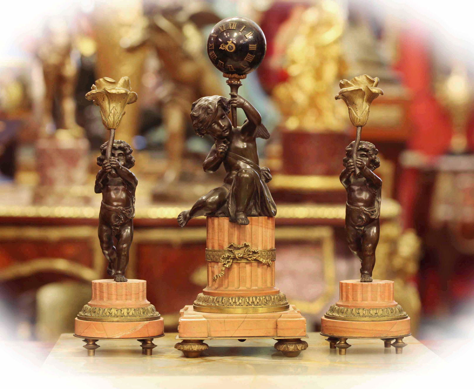 19th Century Two Tone Dore Bronze Clock Set on Rouge Marble Base (1 of 10)