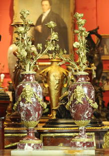 19th C Pair of Large Dore Bronze Candelabra with Rouge Marble,French,Good Condition: Pair large 19th century Dore bronze candelabra with rouge marble, French, good condition, H: 25 inches, W: 12 inches, D: 7 inches