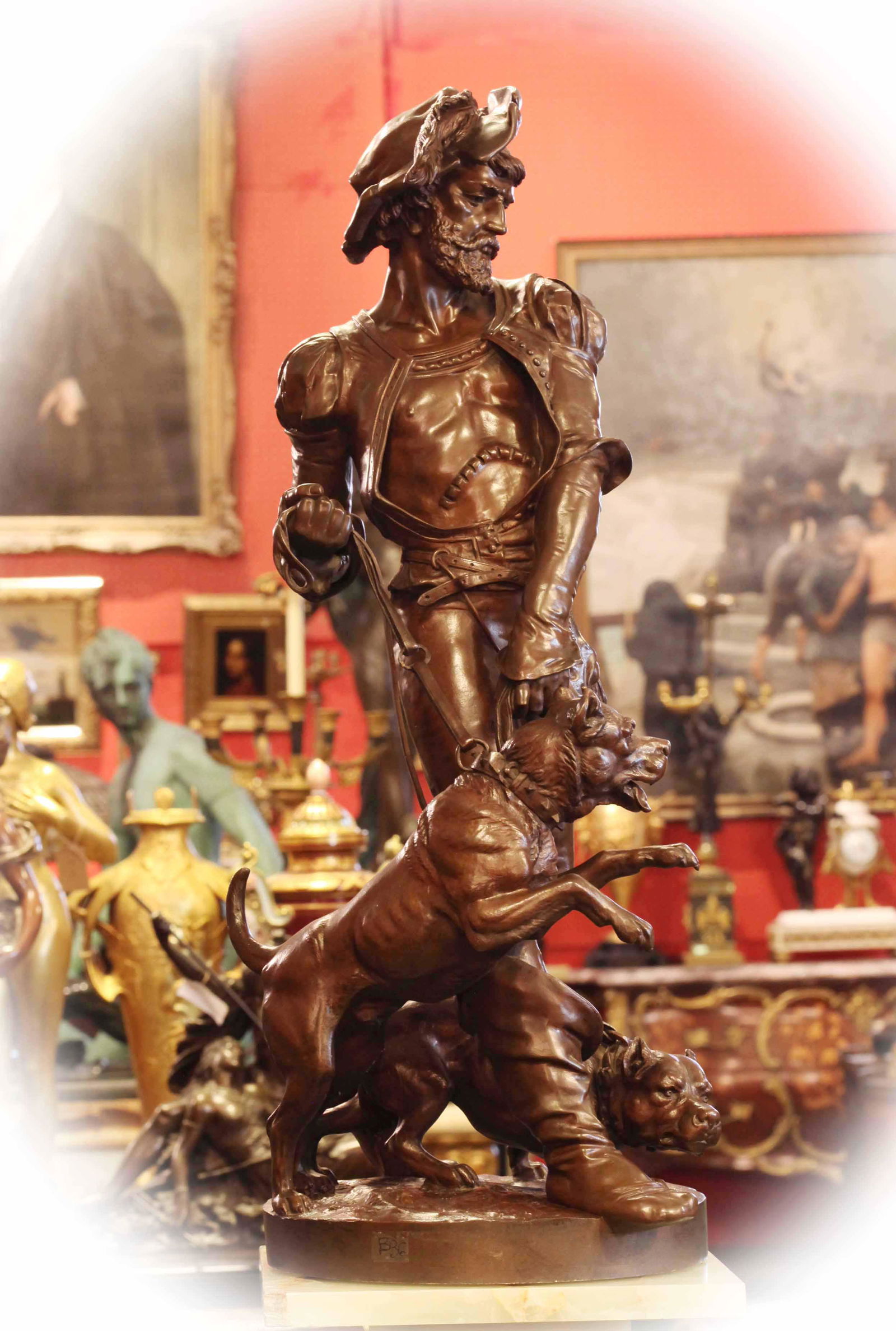 19th century Bronze group, The Hound Master w/ Dogs, signed H.Ple (1 of 9)