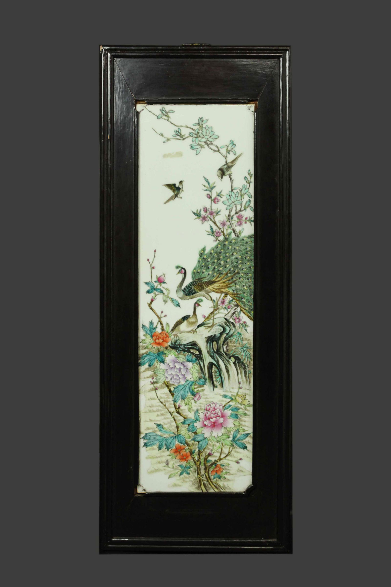 Chinese antique porcelain wall plaque, framed: Chinese antique porcelain wall plaque, framed, 14 inches x 38.5 inches with frame, 8.5 inches x 29.5 inches without frame