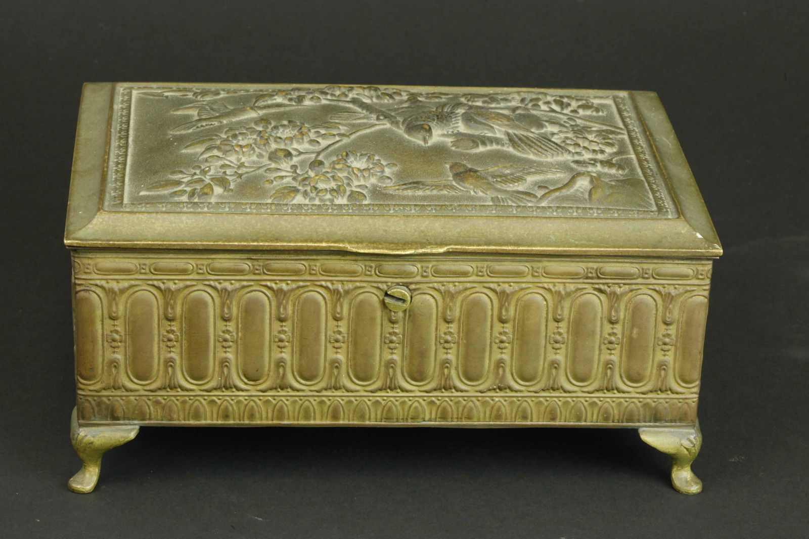19 C bronze jewerly box with flowers and birds, marked (1 of 4)